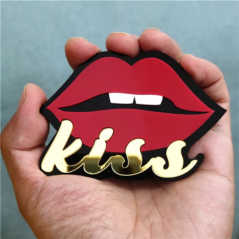 KUGUYS Mirror Gold Color KISS Red Lips Acrylic Rings for Women Size Adjustable Hiphop Rock Big Jewelry Party Accessories