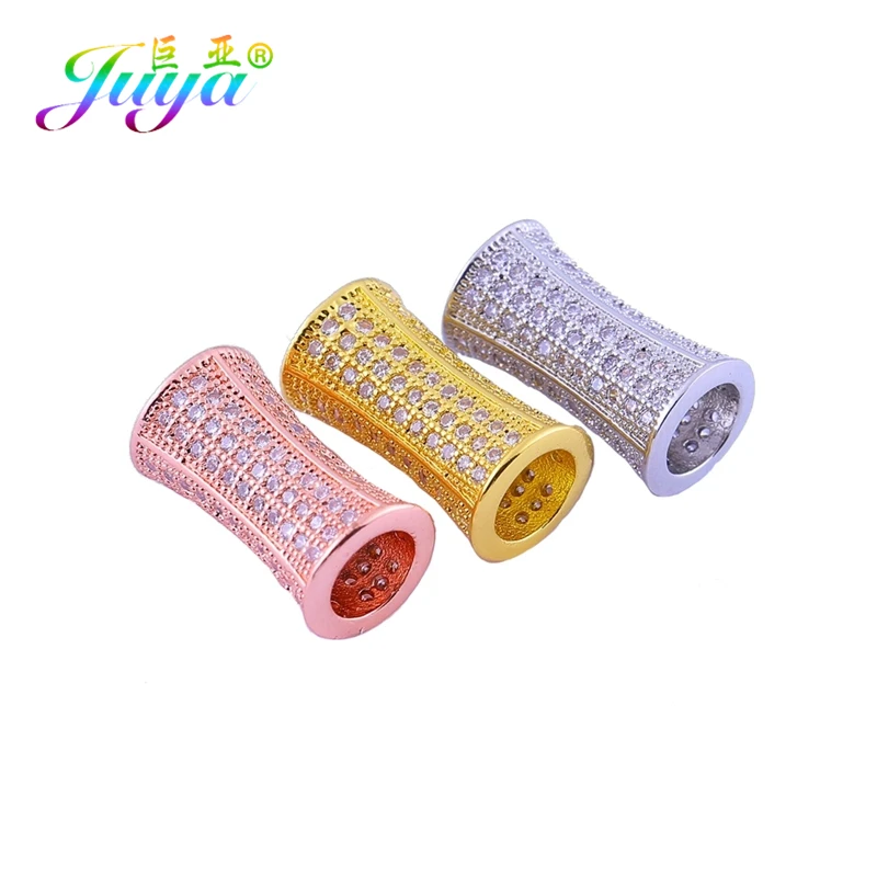 Juya Copper Spacer Charm Beads Supplies Micro Pave Cubic Zirconia Big Hole Tube Beads For Handmade Beading Jewelry Making