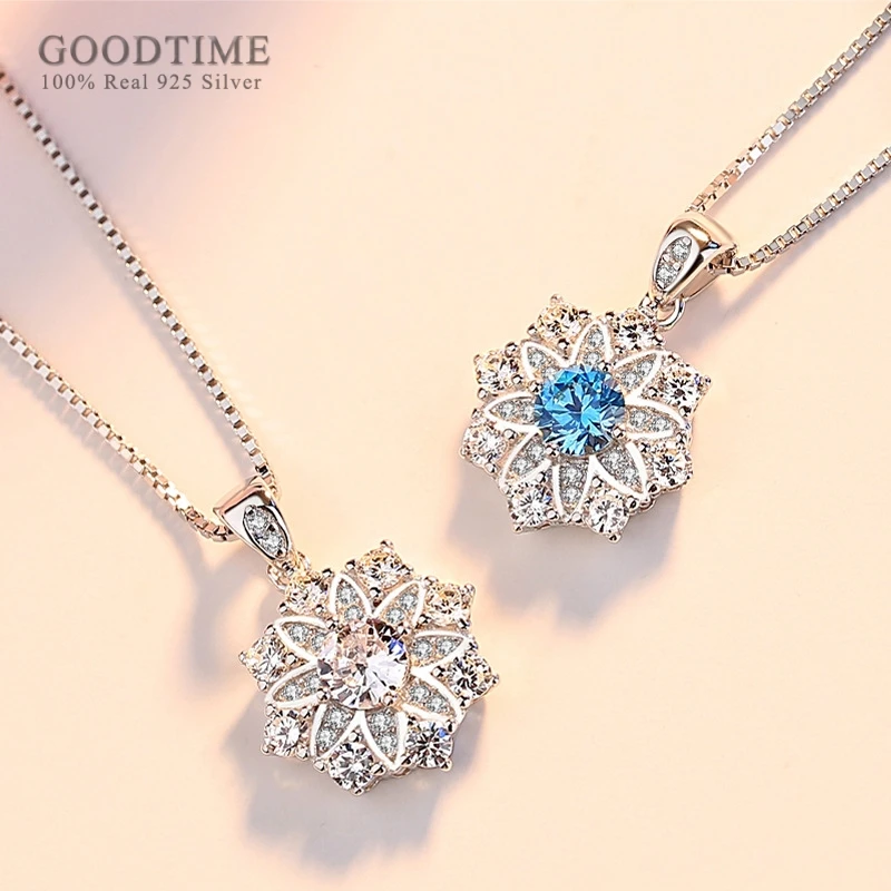 Fashion Women Necklace Pure 925 Sterling Silver Necklace Zircon Lotus Shape Rhinestone Pendant Valentine's Day Gift For Girl