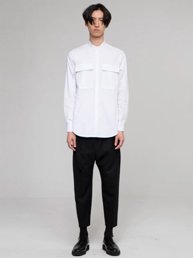 Men's New Fashion Trend Classic Simple Personality Big Pocket Fake Two Loose Casual Large Size White Shirts
