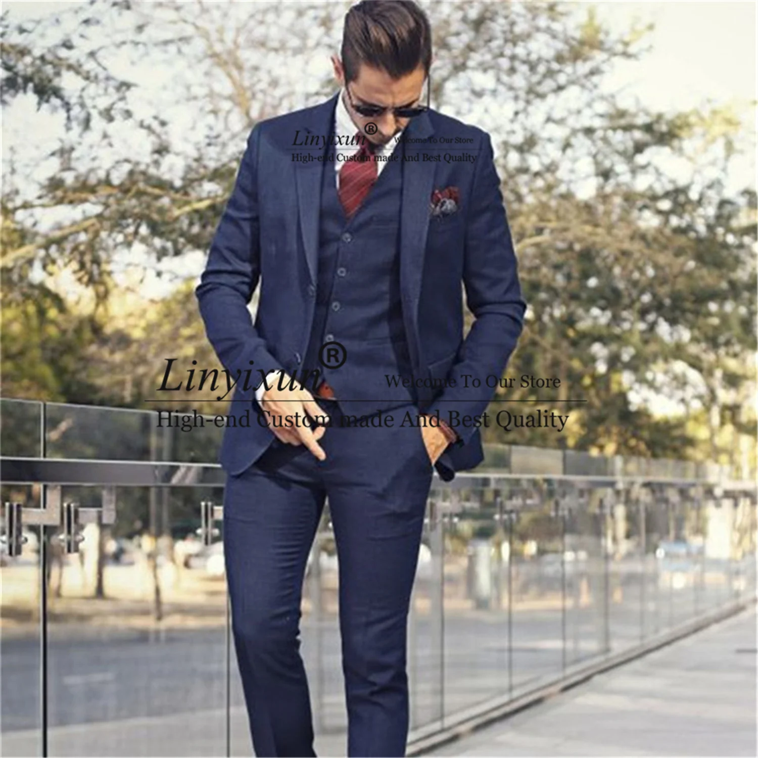 

Fashion Navy Blue Men Suits Slim Fit Wedding Groom Tuxedos Business Male Blazer 3 Pieces Set Costume Homme (Jacket+Vest+Pants)