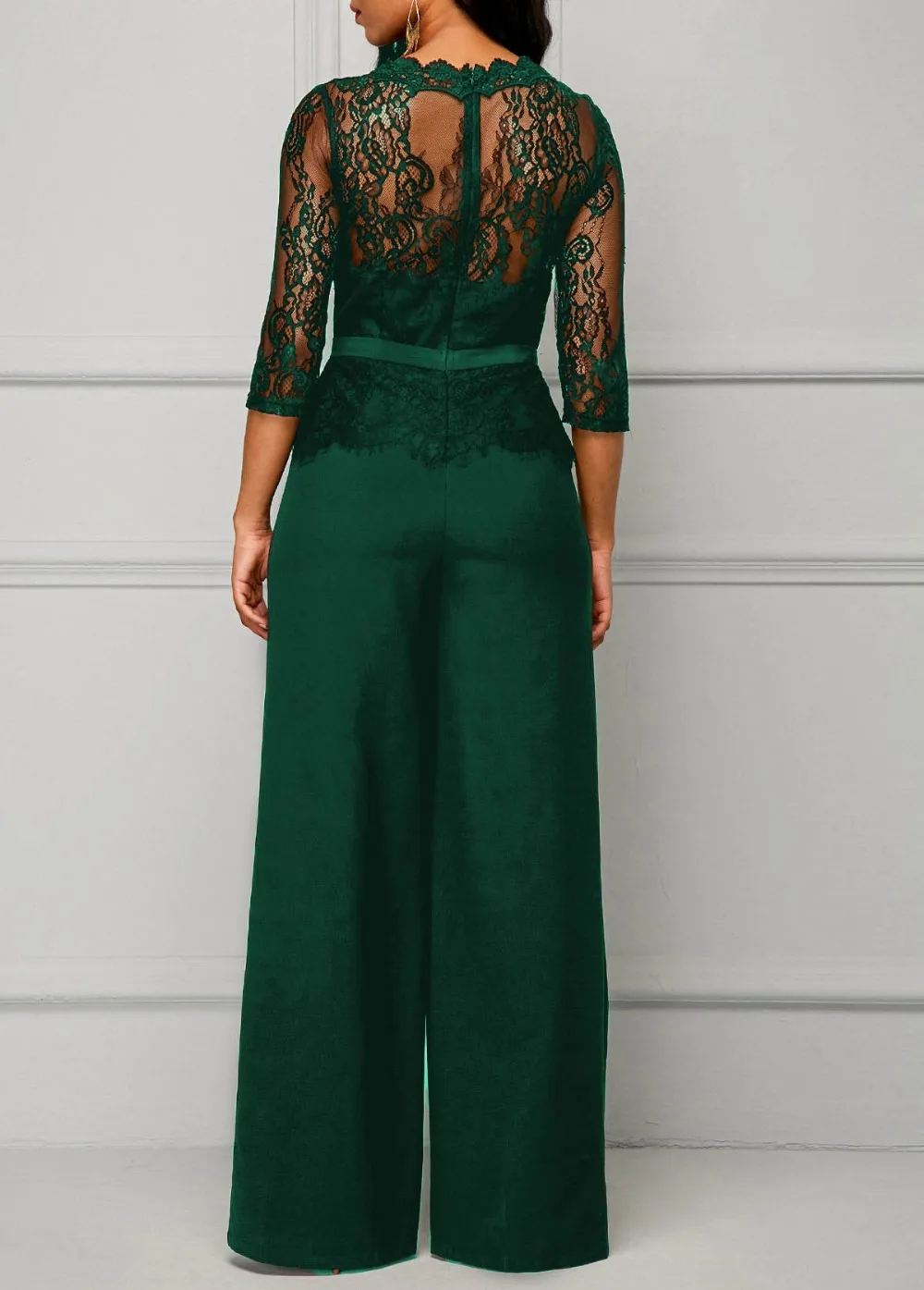 Elegant Sexy Jumpsuits Women Long Sleeve Lace Patchwork Jumpsuit Loose Trousers Wide Leg Pants Rompers Holiday Black Overalls