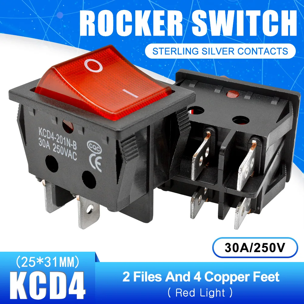 5Pcs 30A 250V 4 6 Pin ON-OFF Boat Rocker switch sterling silver contacts KCD4 power switch with led indicator light 30A/250V