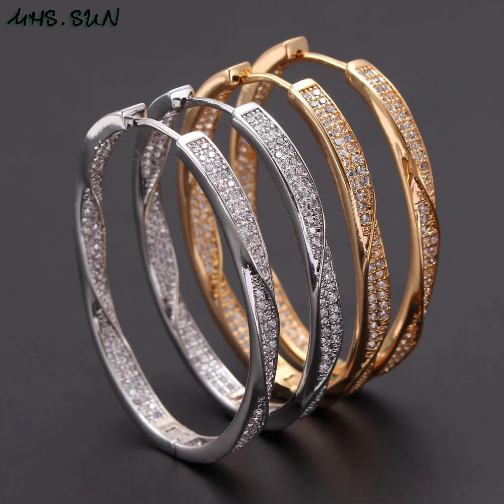 MHS.SUN Women Gold Plated Circle Hoop Earrings Fashion Twisted Design Cubic Zircon Earrings Round Statement Jewelry 1Pair
