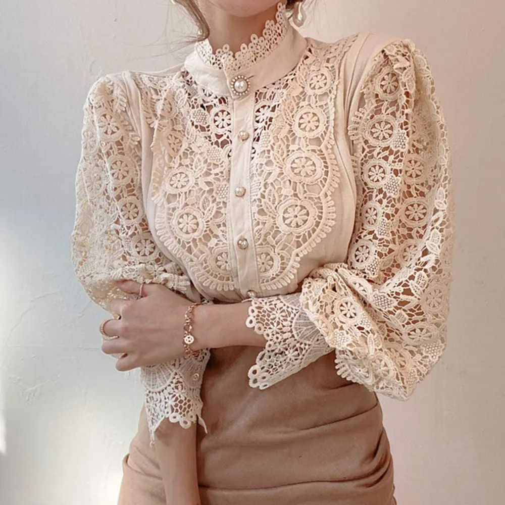 Autumn Women Stand Collar Lace Patchwork Shirts Casual Hollow Out Flower Petal Sleeve Buttonw Tops white shirts for women