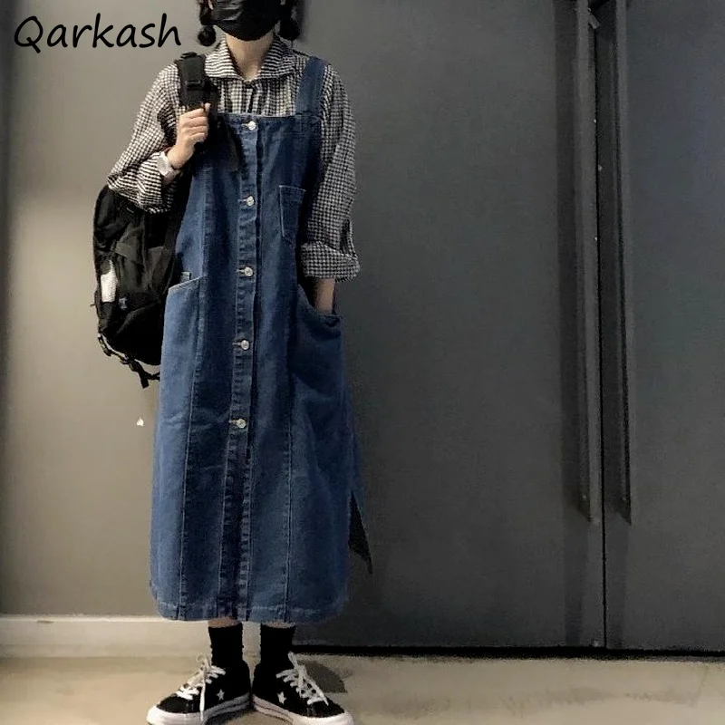 

Denim Sleeveless Dress Women Fashion Loose Summer New All-match Streetwear Side-slit Solid Leisure Korean Style Female Vestido