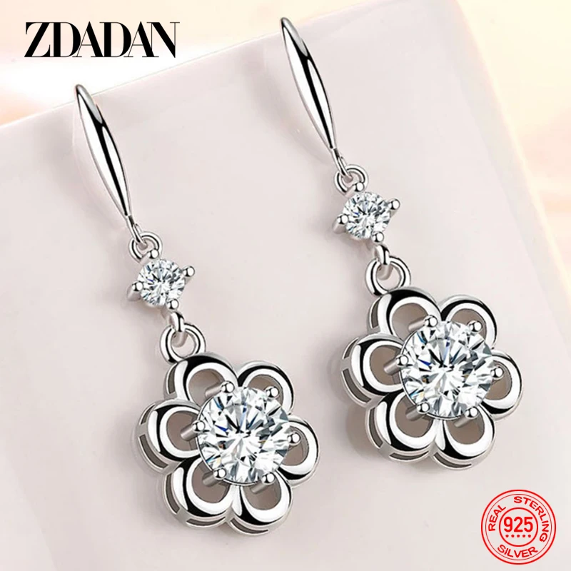 ZDADAN 925 Sterling Silver Zircon Petal Dangle Earrings For Women Fashion Jewelry Party Accessories