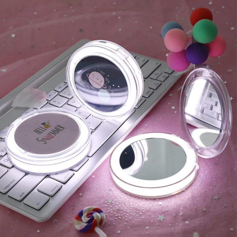 Small Round Mirror Hand Holding Mini Makeup Mirror Portable LED With Light Fill Lens Girl With Folding Mirror