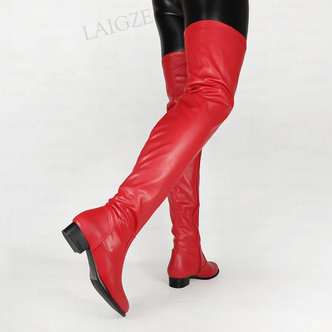 LAIGZEM Women Over Knee Boots Side Full Zip Round Toe Low Heels Boots Comfortable Unisex Lady Shoes Woman Big Size 42 45 47 52