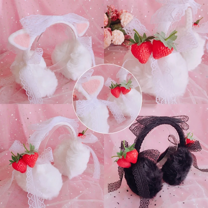 แฟชั่น Plush Feel หญิง Earmuff ฤดูหนาว Warm Muffs หูหูฟังรูปสาว EarmuffsCat หูสีขาวสตรอเบอร์รี่สีดำ