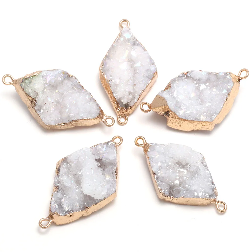 Rhombus Natural Druzy Agates Pendants Connectors Brazilian Electroplated White Agates Connectors Best Gift Size 22x40mm