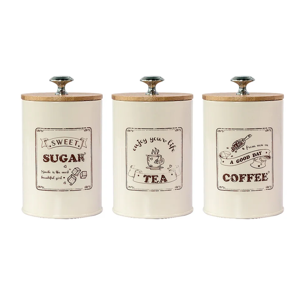 Tea Coffee Sugar Storage Jars Wooden Lid Sealed Box Kitchen Metal Canister Tin Jar Loose Grain Cereals Candy Organizer Container