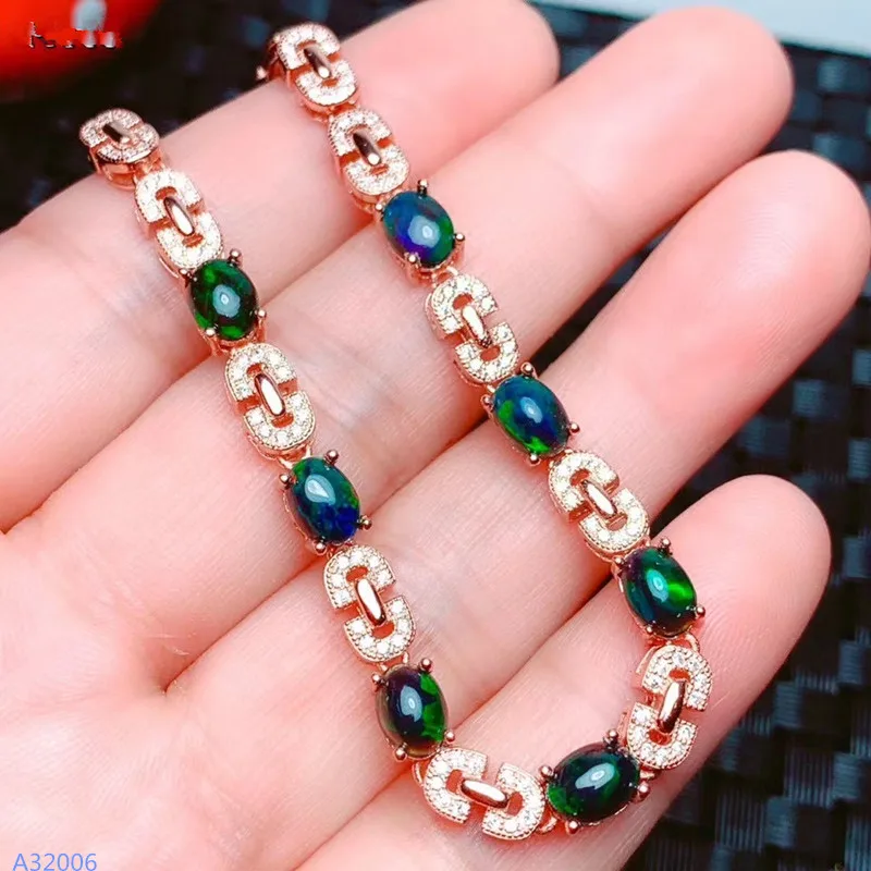 925 Sterling Silver Natural Black Opal Gemstone Girl Ladies Bracelet New Bright Water Drop Detection Rose Gold Girl Gift