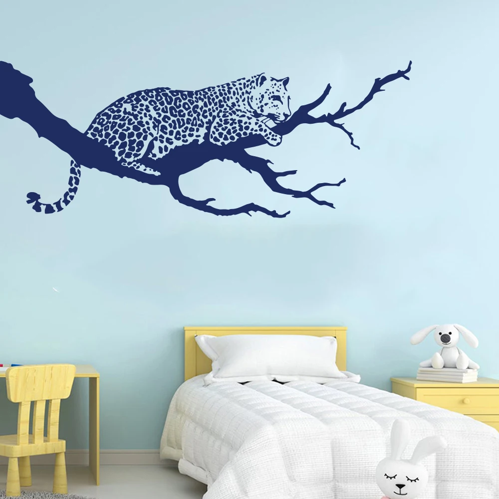 Cartoon Leopard Branch Wall Sticker Bedroom Living Room Cat Tiger Zoo Jungle Animal Tree Wall Decal Vinyl Home Decor