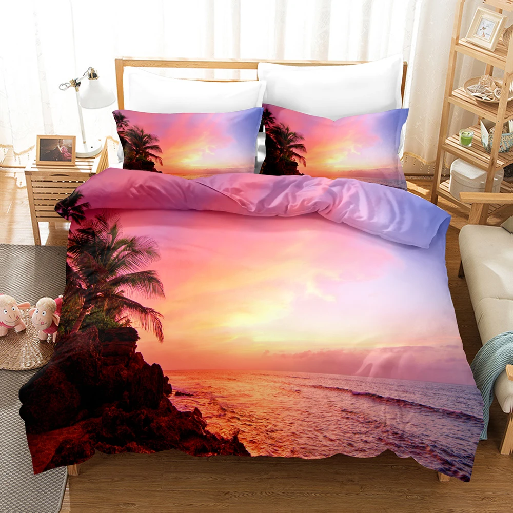 Sunset Bedding Set Spain Majorca View Duvet Cover Set Natural Scenery Bed Cover Beautiful Landscape Bread Full Size Bedding