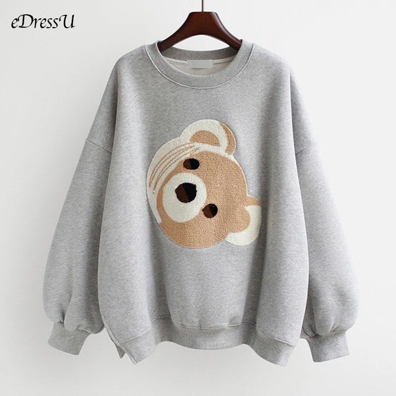 

EDressU, женские свободные толстовки с вышивкой, милый Свитшот оверсайз, повседневный джемпер, серый пуловер, топы, повседневная верхняя одежда, XMM-828