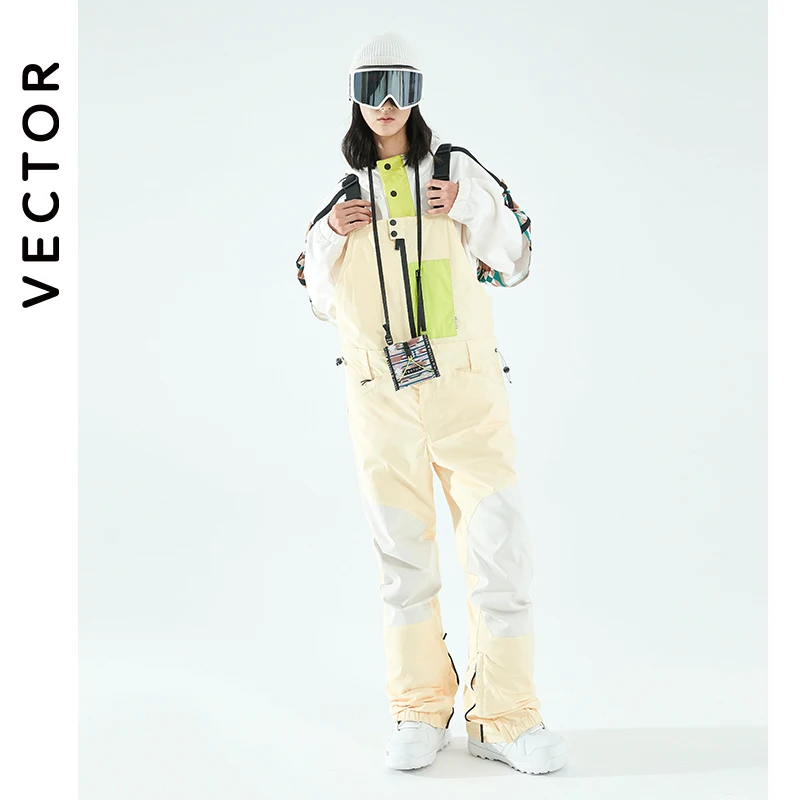 VECTOR Women Ski Pants Detachable Two-Wear Creamy Yellow Jumpsuit Waterproof Winter Warm and Windproof Outdoor Sports Snowboard