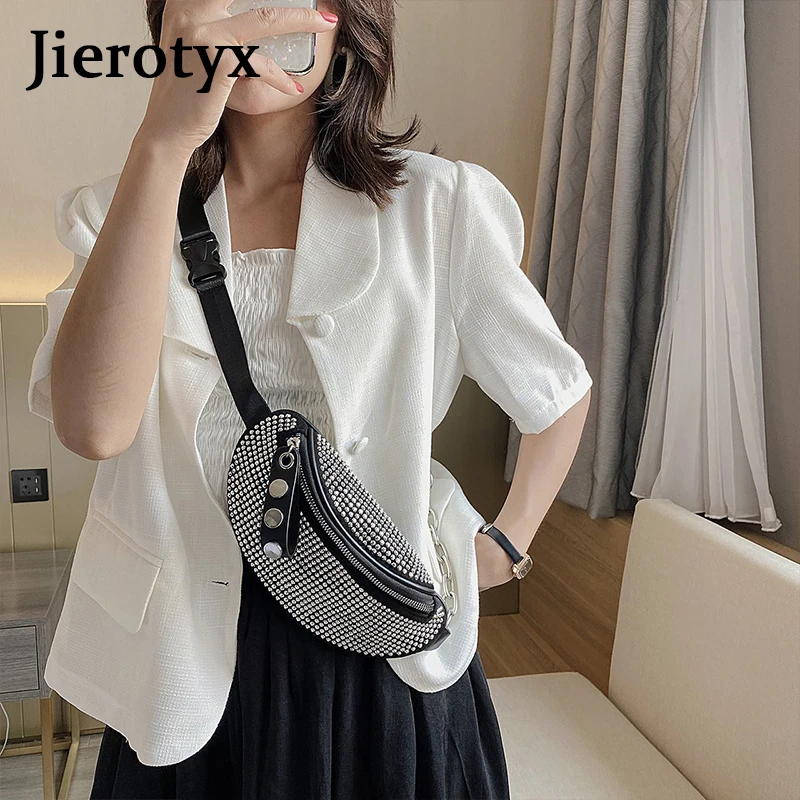 JIEROTYX Fashion Rhinestones Women Bag Waist Bag Fanny Packs Chest Waist Pack Travel Casual Female Chain Strap Punk Belt Bag