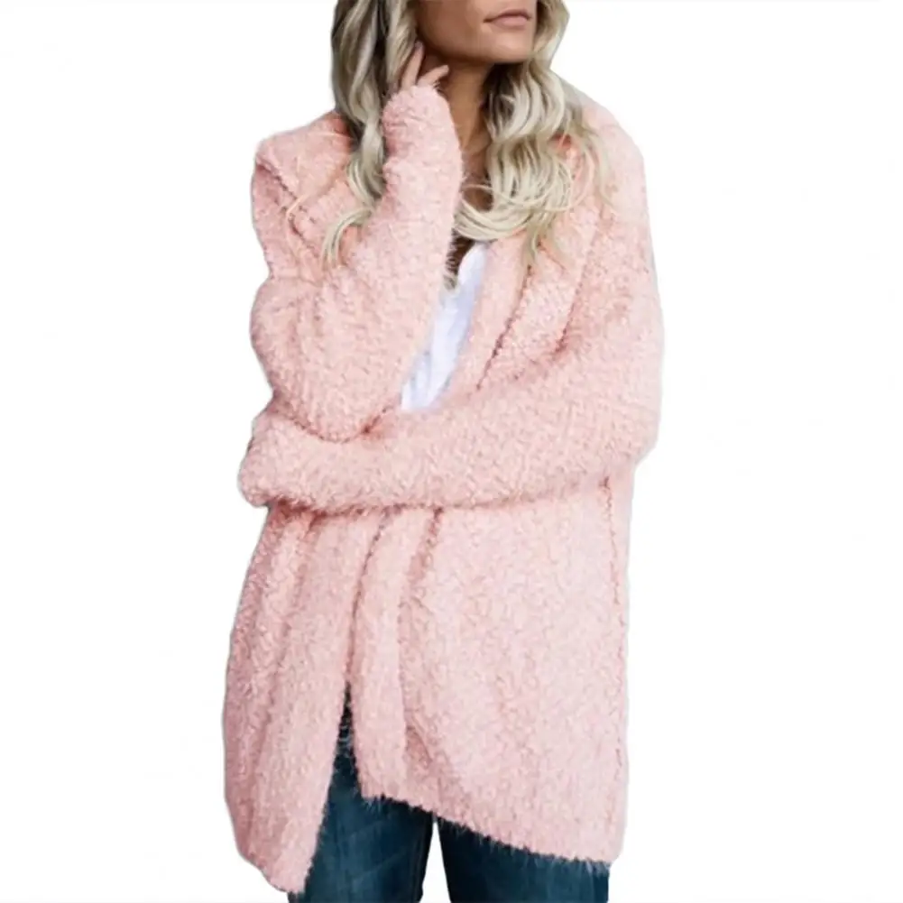 Women Loose Solid Color Hooded Cardigan Long Sleeve Open Front Knitted Outwear