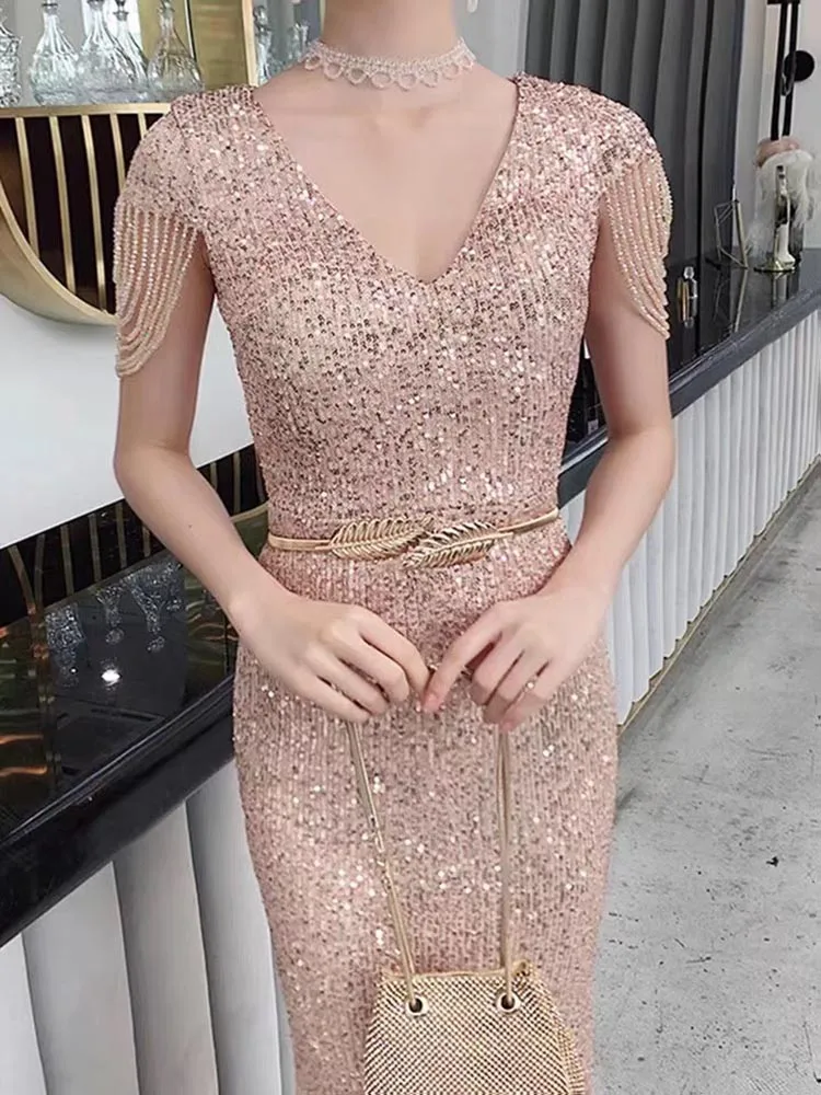 Evening-Dress-Gold Beaded Sleeve Mermaid Party Women Dresses For Red Carpet