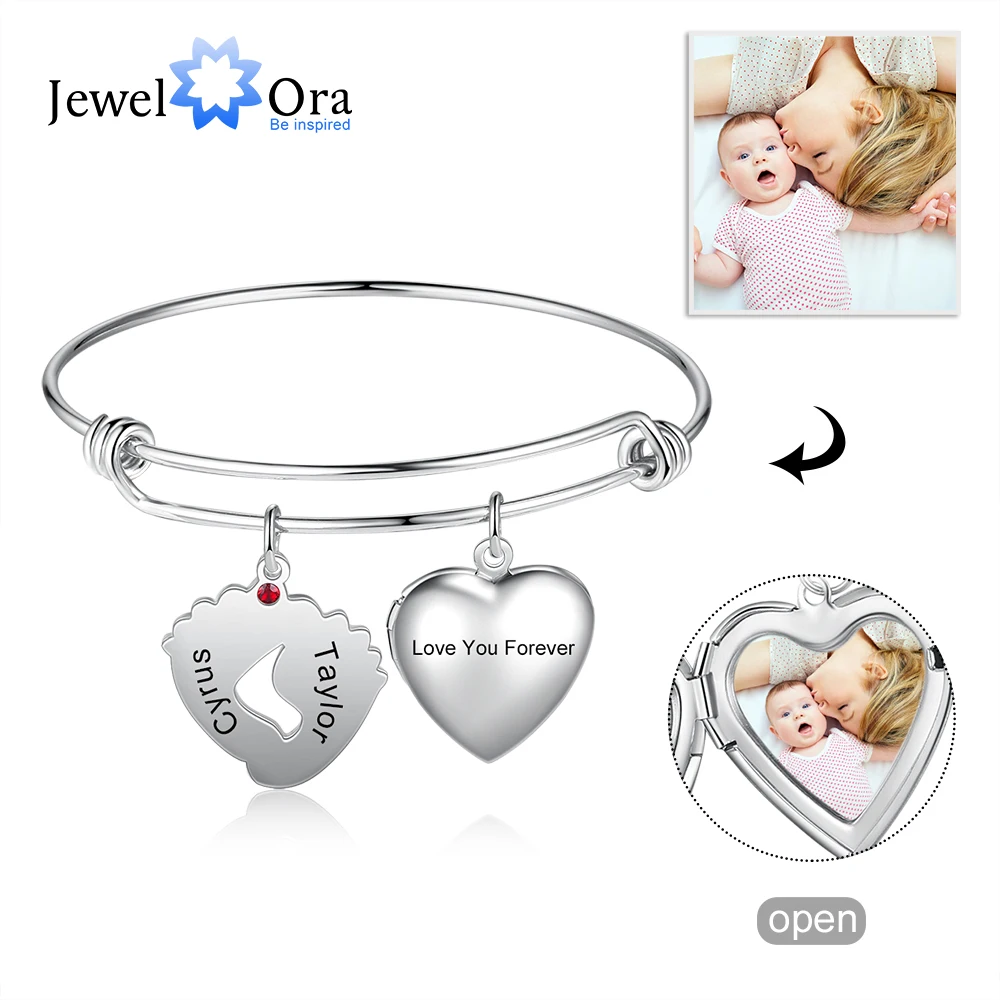 

JewelOra Customized Photo Heart Locket Bangles Personalized Birthstone Engraving Name Baby Feet Charm Bracelets Mothers Gifts