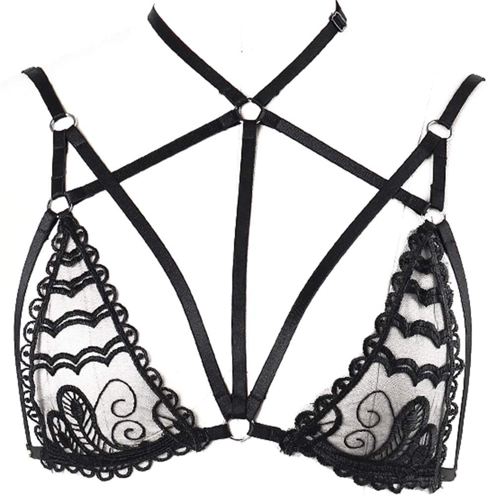 

JLX.HARNESS Sexy Sheer Goth Lace Bra Bralette Bustier fitness Women Bra Women Cross Bandage Crop Top Lace Adjustable Cage Bra