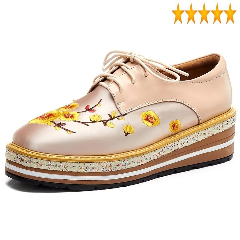 

Woman Platform Spring 2021 Real Leather England Moccasins Pink Vintage Embroider Wedge Pumps Shoes Lace Up Casual Brogues