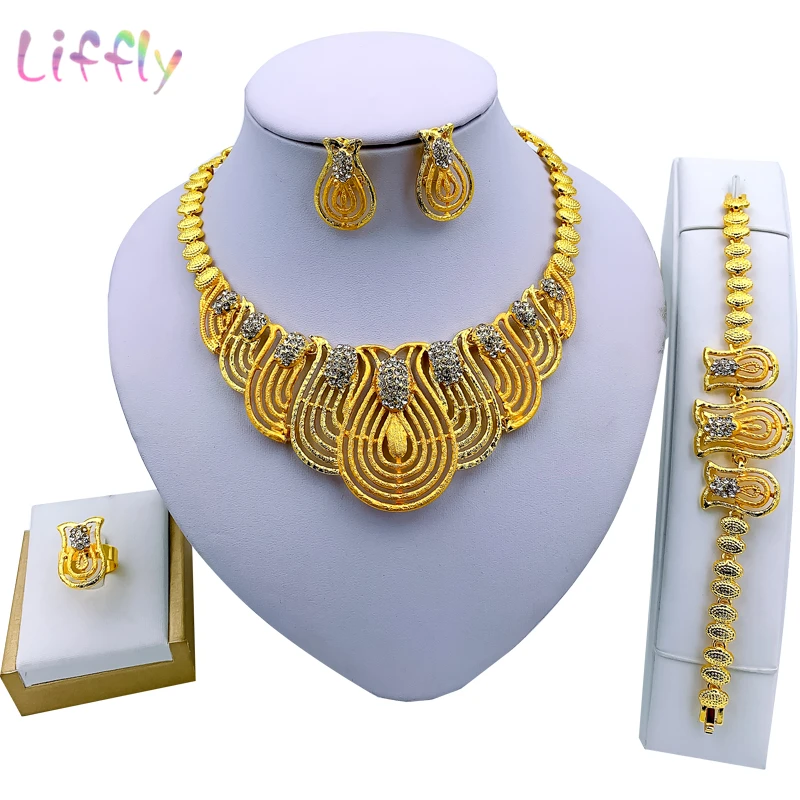 Liffly Nigeria Fashion Jewelry Sets Necklace Bracelet Earrings Ring Party Charm Women Luxury Crystal Jewelry