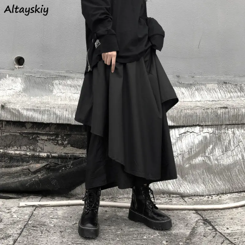 Irregular Skirts Women Harajuku High Waist Elastic Calf-length Preppy Ruffles Chic Gothic Japanese Style Double Layer Medieval