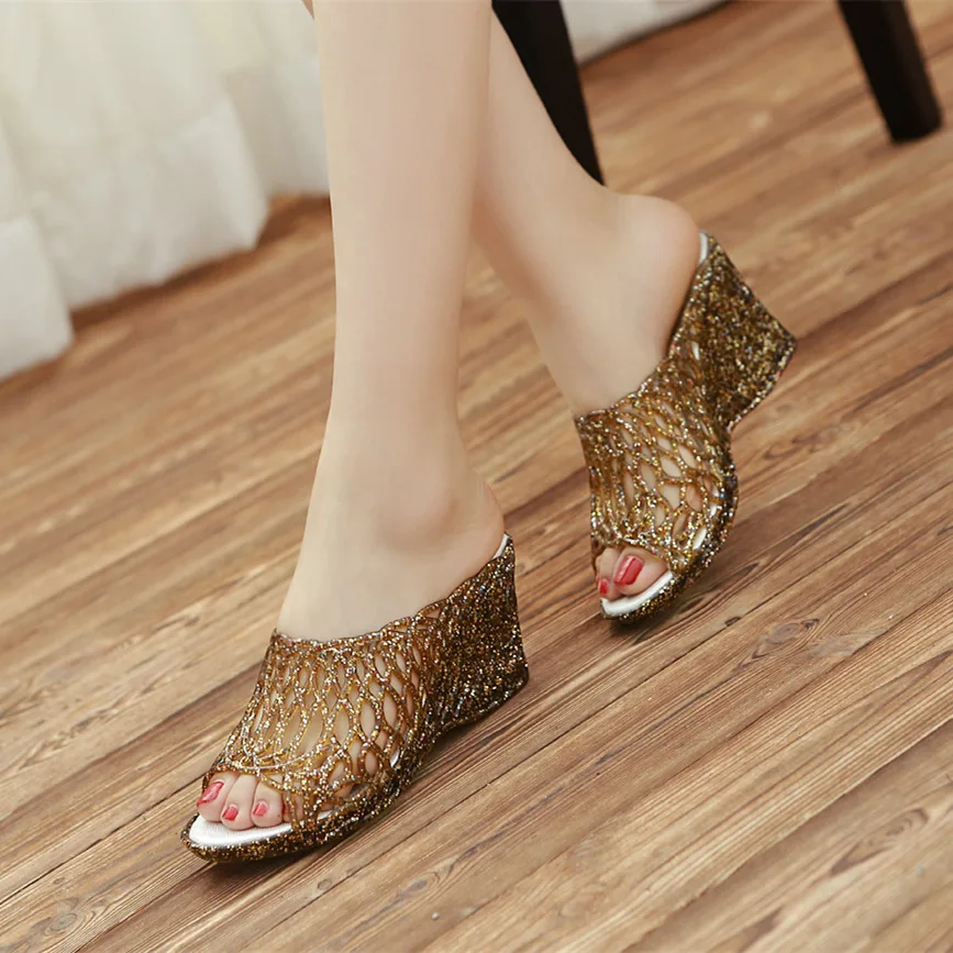 Size 36-40 Womens Sandals Slippers Platform Shoes Wedge Sandals Mules Clogs Summer Female Peep Toe 7.5CM Heels Crystal Zapatos