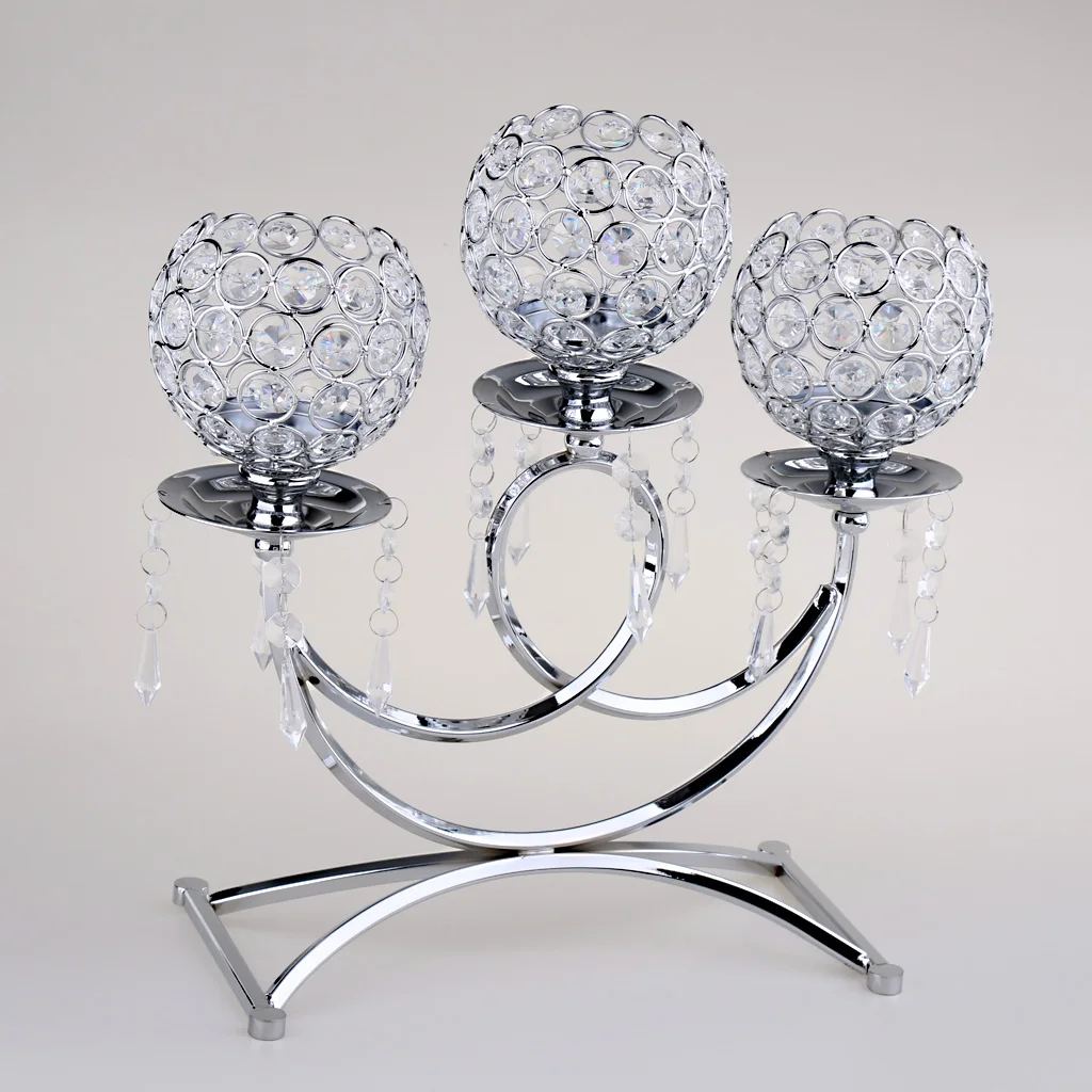 36cm (14.17inch) Crystal Votive Candle Holder 3-Arm Candelabra for Wedding Party Table Centerpieces Silver/Gold