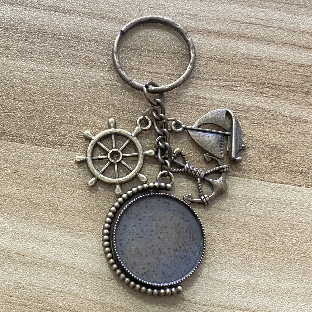 1piece Rotatable Fit 2Sides 25mm Family Photo Safe Wishes Sailor Keychain Seaman Sailboat Anchor Rudder Compass Diy Keyring