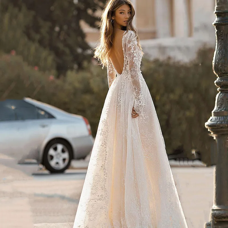 Robe de Mariée Élégante à Manches sulf, Décolmétrage en V Profond, Dos aux, Dentelle Florale 3D, Appliques, Plage, 2023