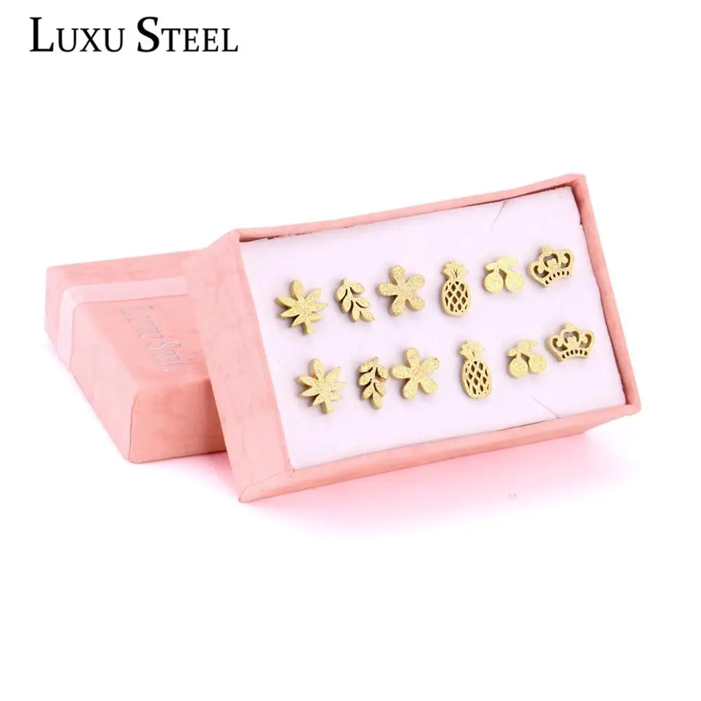 LUXUSTEEL Golden Color Earrings For Women Brinco Stainless Steel Plant Shape Cute Earring Sets Wedding Jewelry Accessories