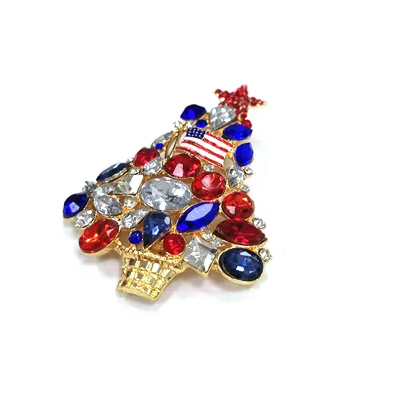 10pcs/lot  Rhinestone Christmas Tree Brooches Crystal Jewelry Patriotic American Flag Brooch Pin 4th of July