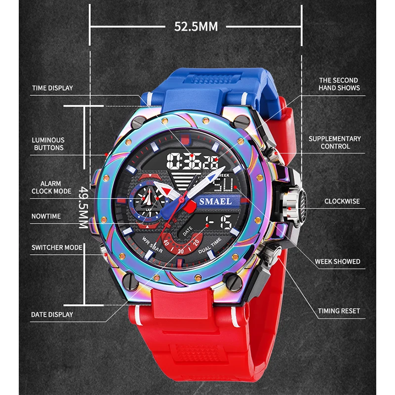 Quartz Watch For Men SMAEL Wristwatches Watcholorful Red Bracelet 50M Waterproof Alarm Clock Analog Digitals 8060 Sport Watches