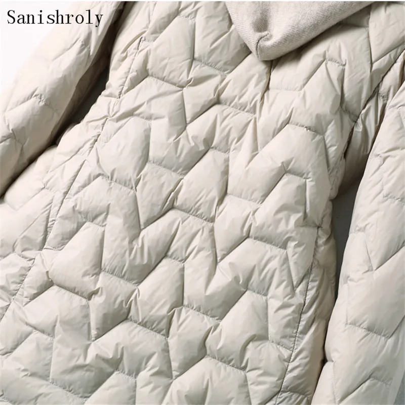 Imagem -05 - Sanishroly-cabolsa de Pato Branco Claro Feminino Parka Feminino Linha Midi Jaqueta Longa de Malha com Capuz Outono Roupas de Inverno