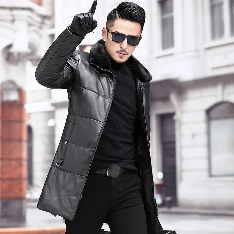 Genuine Leather Down Jacket Men Winter Thick Mink Fur Collar Medium Long Coat Streetwear Brand Zipper Business Work Warm Jacket