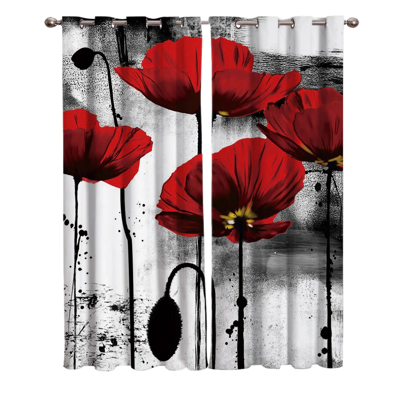 

Ink Painting Poppy Curtain Rod Living Room Curtains Outdoor Kitchen Indoor Floral Curtain Panels With Grommets Valance Curtains