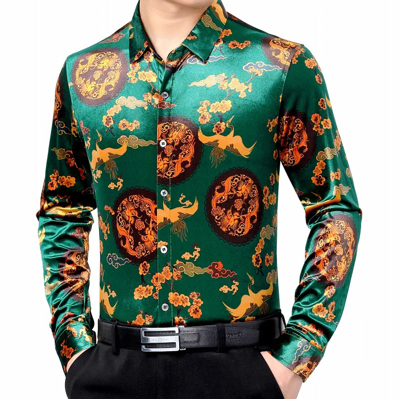 

Gold Velvet Shirts With Print Crane Retro Red New Year Chinese Style Velour Dresses Large Sizes Green Unusual Clothes Products
