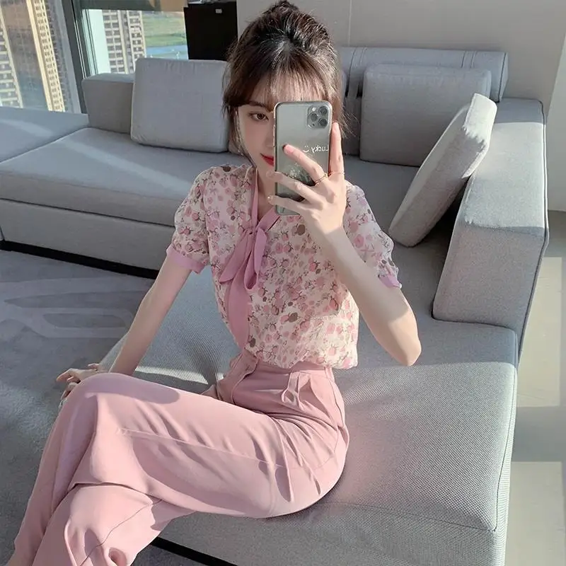 Casual Fashion Suit Women Spring and Summer 2021 New Temperament Floral Chiffon Shirt Loose Wide Leg Pants Suit