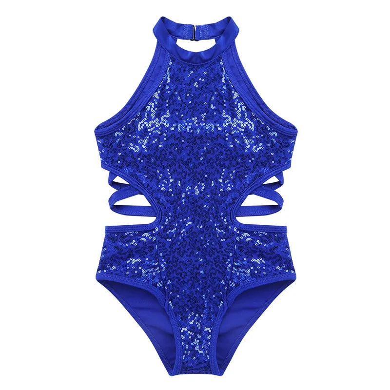 Kids Girls Gymnastics Leotards Child Sparkly Sequins Dancewear Sleeveless Cutouts Back Strappy On Waist Ballet Dance Jumpsuit