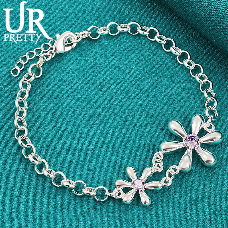 URPRETTY 925 Sterling Silver Sun Flower Chain Bracelet For Man Women Wedding Engagement Party Charm Jewelry