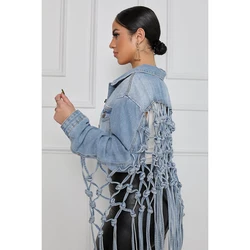 Fit Crop Tops Back Grid Tassel Denim Jacket for Women Long Sleeve Pocket Jacket Femme Overcoat Single Breasted Chic Jean Coat