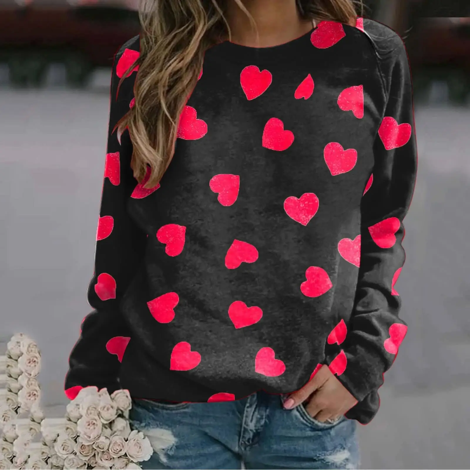 Valentine's Day Women Casual Sweatshirt Pullover Heart Letter Print Long Sleeve Round Neck Loose Fashion Pullover Tops