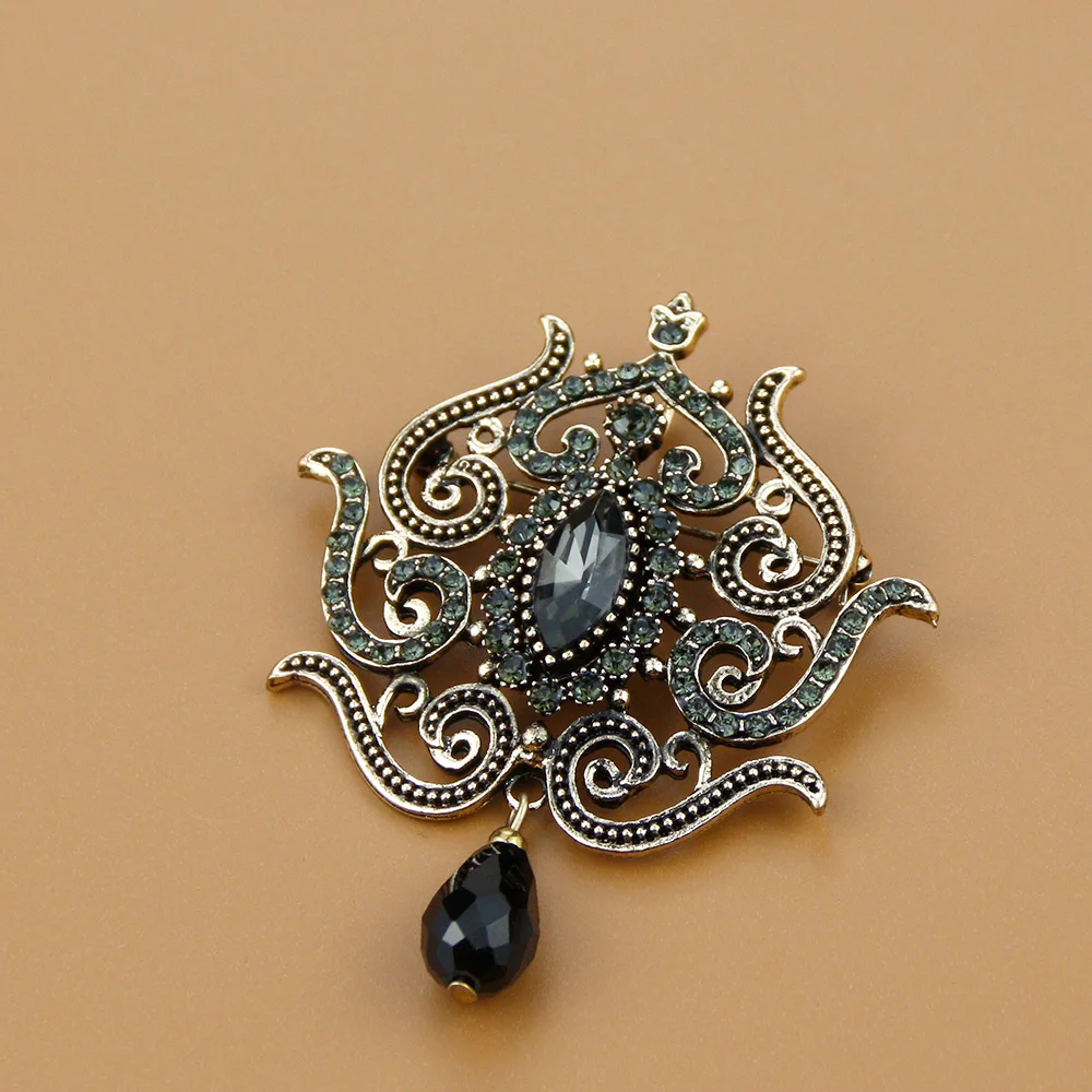 Sunspicems Retro Gold Color Women Flower Brooch Vintage Gray Crystal Bohemia Banquet Jewelry Arab Caftan Robe Brooches Pins Gift