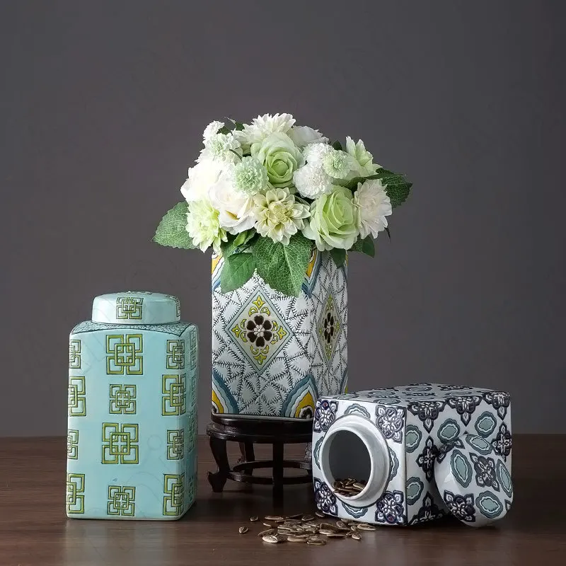 

Geometric Relief Painted Ceramic Vase European Modern Carving Craft Storage Jars with Lid Flowers Vases Nordic Decoration Home