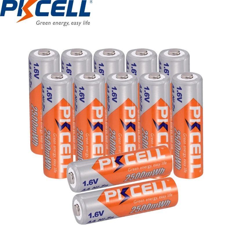 12PCS PKCELL 1.6v 2500mWh AA Battery NI-ZN Rechargeable Battery Batteries with 1Pcs NIZN Battery Charger for NIZN AAA AA battery