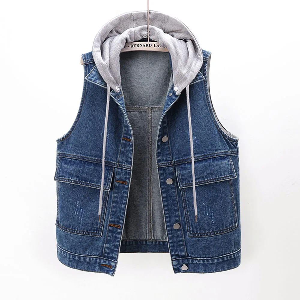 Plus Size Casual Hooded Denim Jacket Vest For Women Fashion Sleeveless Waistcoat Top T-shirt Outside Clothes With Detachable Hat