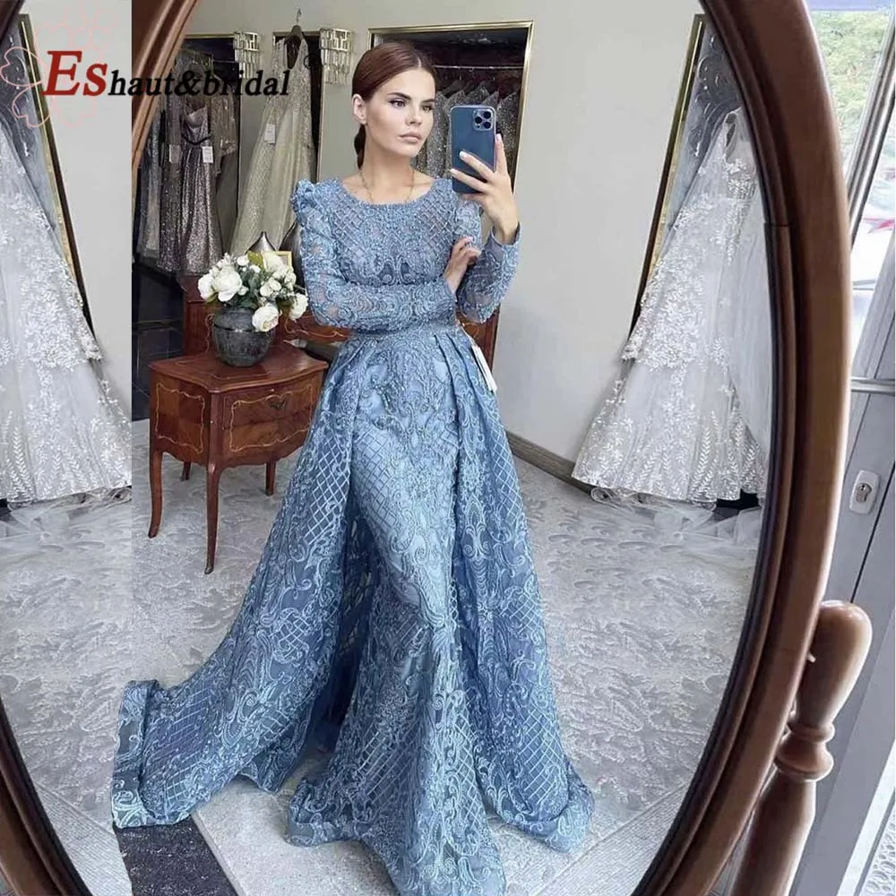 Vestidos de Noche de boda de encaje elegantes para mujer, vestido de fiesta Formal hecho a mano de cristal de manga larga con cuello en V de sirena, personalizado, 2025